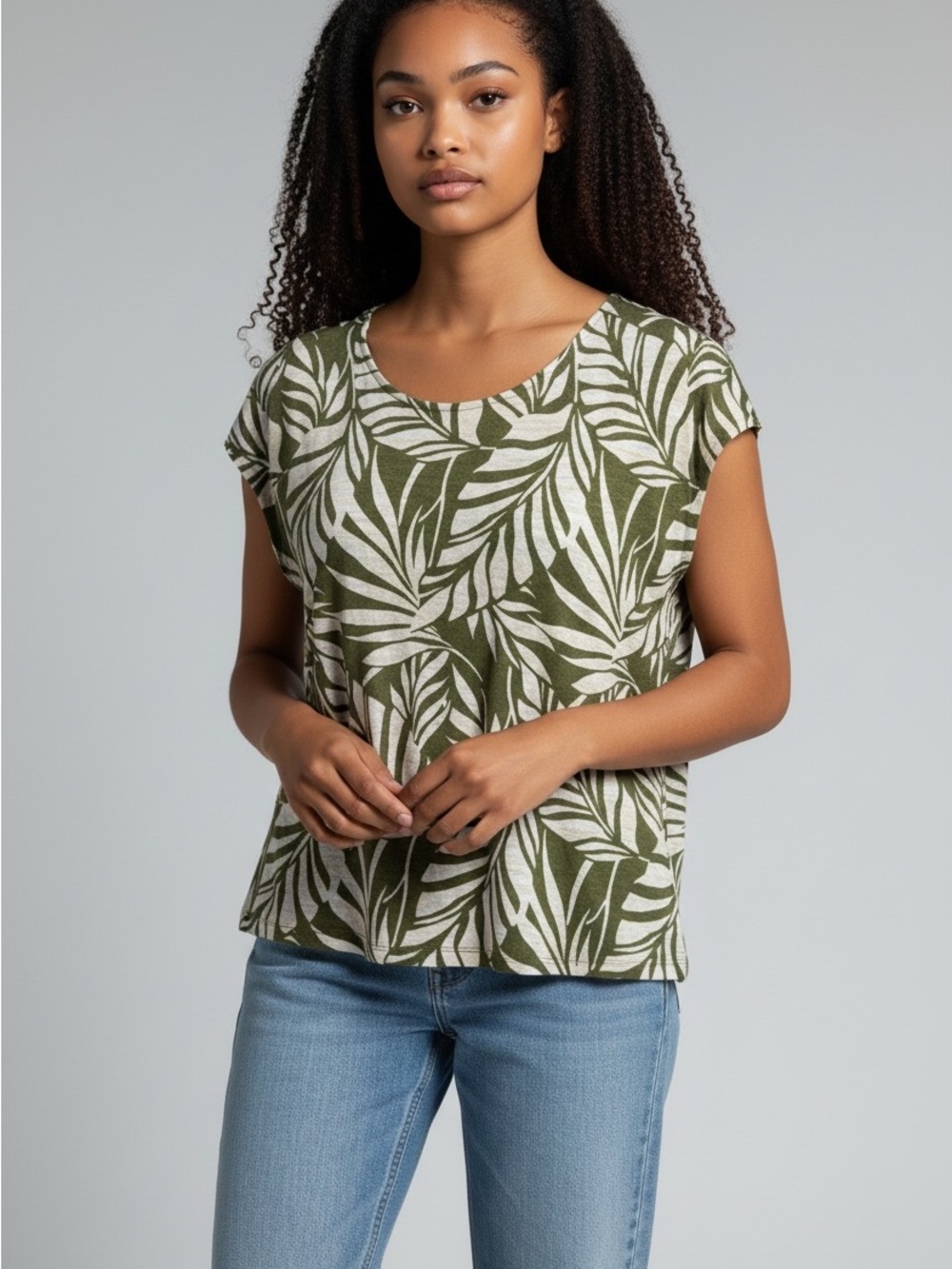 Tahari womens 100% linen Olive Leaf Print Cap Sleeve Top size large